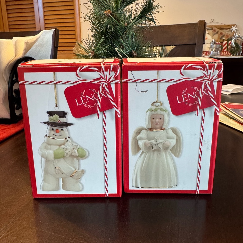 Lenox Ornament Pair Holiday Cheer Snowman and Angel